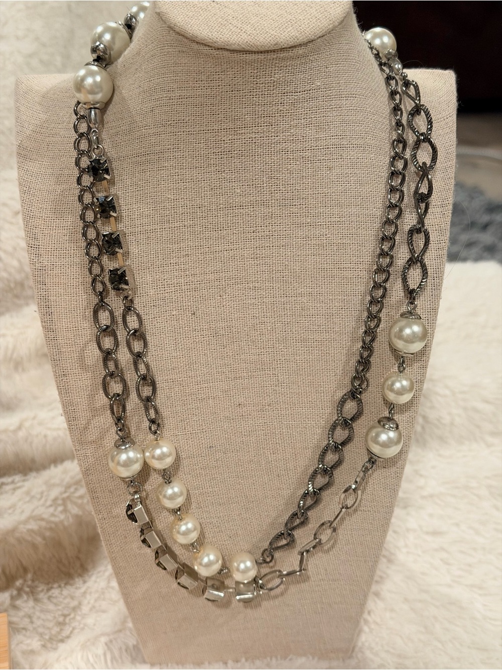 Multi-Strand Gunmetal and Pearl Necklace by Chicoβs